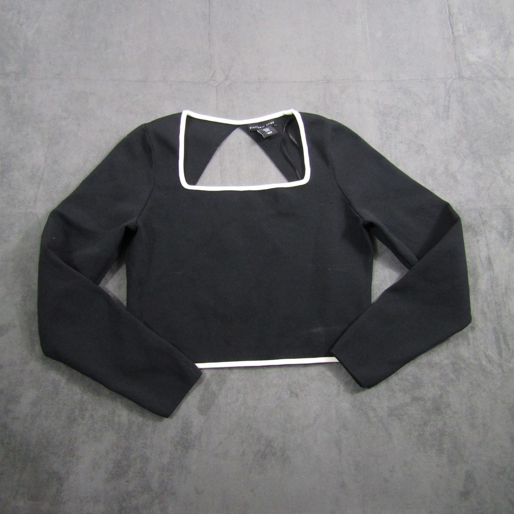 Sincerely Jules Crop Top Women Medium Black White Trim Cutout Long Sleeve Ribbed